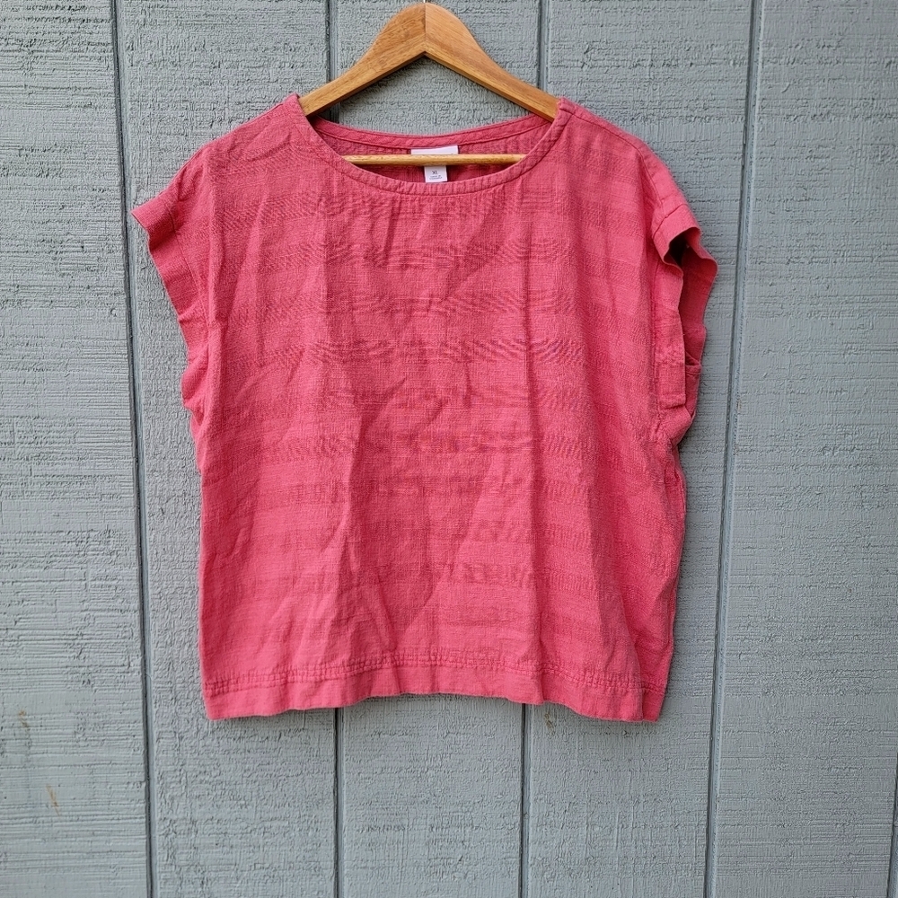 y2k Liz Clairborne Boxy Fit Linen Blend Textured Stripe Crop Top sz XL Red Pink